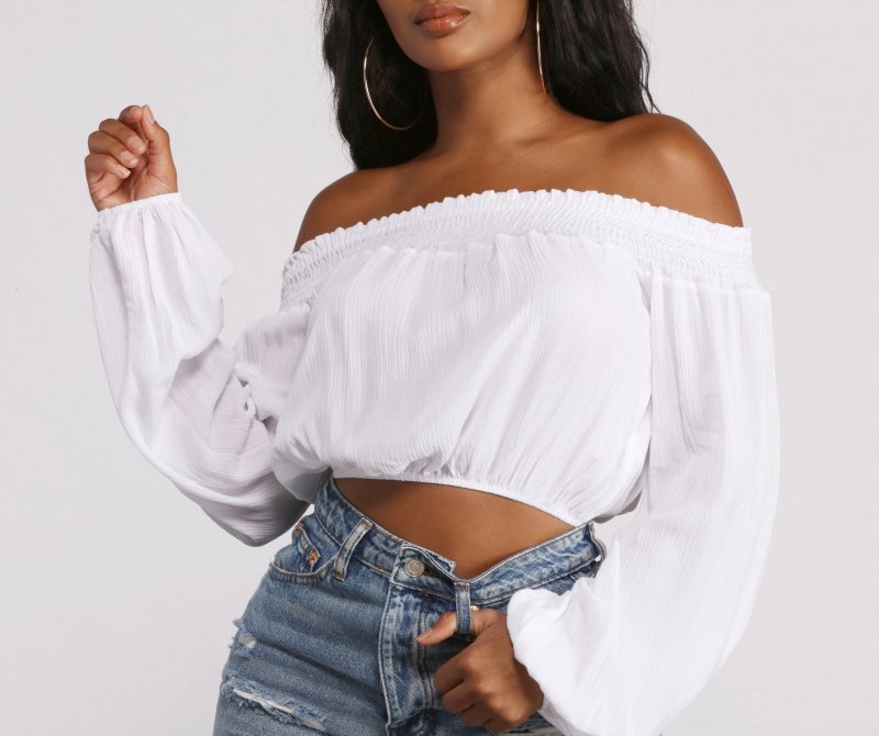 TableClothsUs Off The Shoulder Long Sleeve Gauze Crop Top