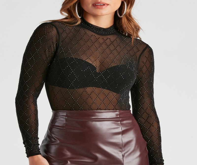 TableClothsUs Moment To Slay Rhinestone Mesh Bodysuit