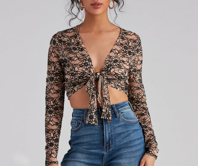 TableClothsUs Flirty Floral Lace Tie Front Crop Top