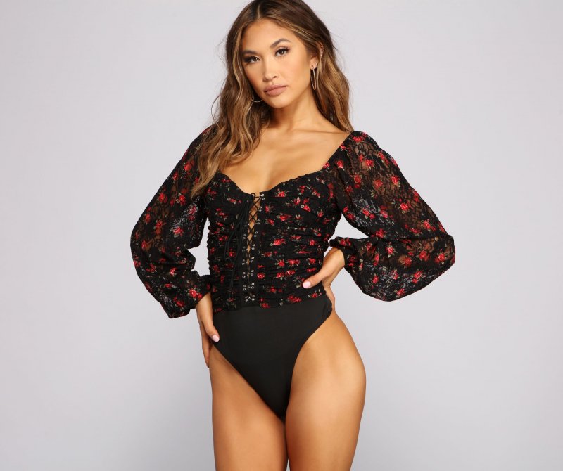 TableClothsUs Floral Passion Lace-Up Bodysuit