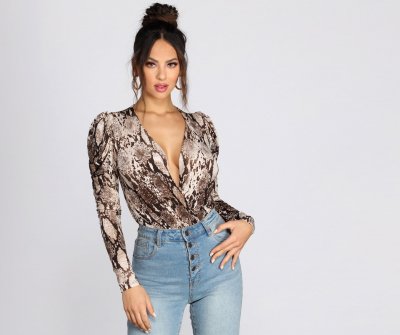 TableClothsUs Puff Sleeve Snake Print Bodysuit