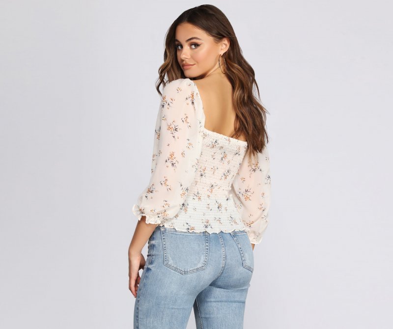 TableClothsUs Surely Chiffon Floral Smocked Blouse