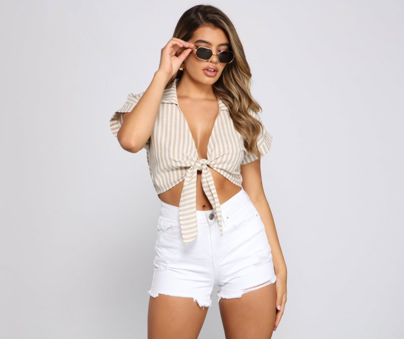 TableClothsUs Stylish Stripes Tie Front Top