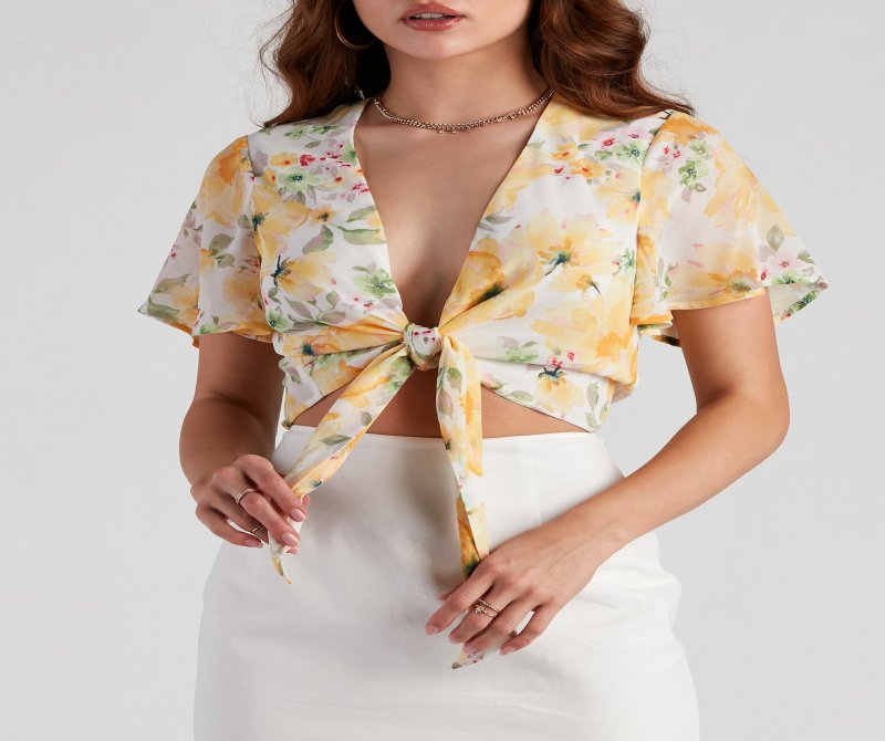 TableClothsUs Floral Chiffon Tie-Front Top