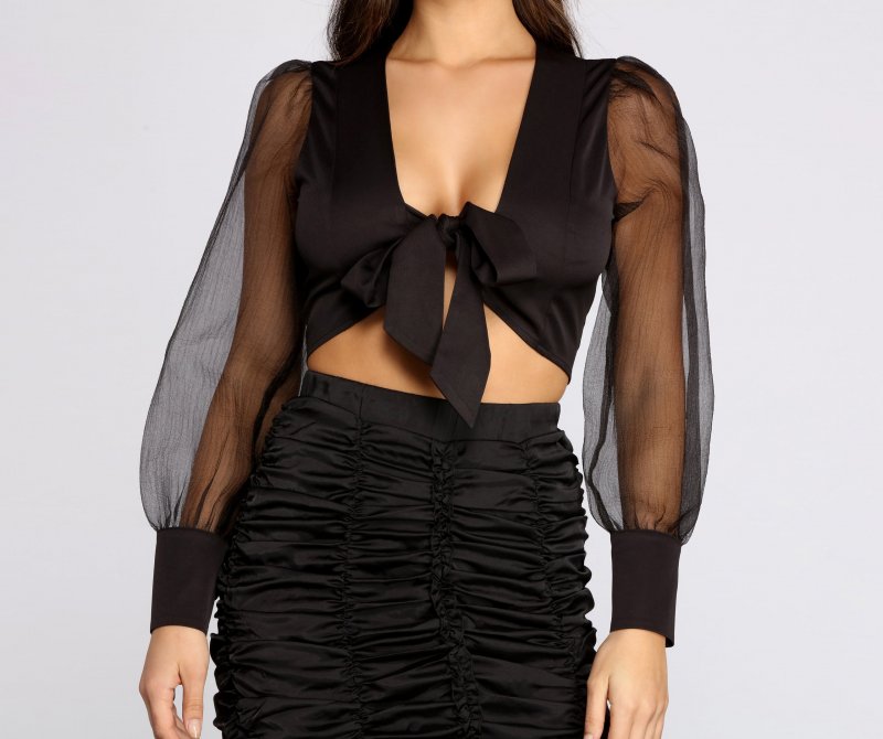 TableClothsUs It's A Tie Front Organza Puff Sleeve Crop Top