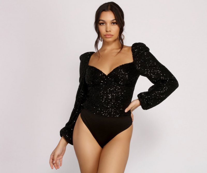 TableClothsUs All That Glow Puff Sleeve Sequin Bodysuit