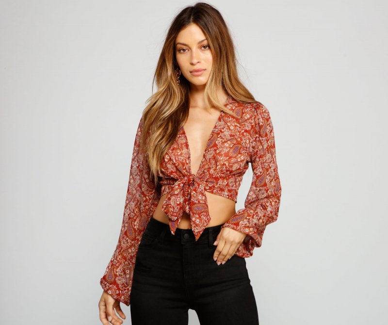 TableClothsUs Retro Babe Chiffon Paisley Print Tie-Front Blouse