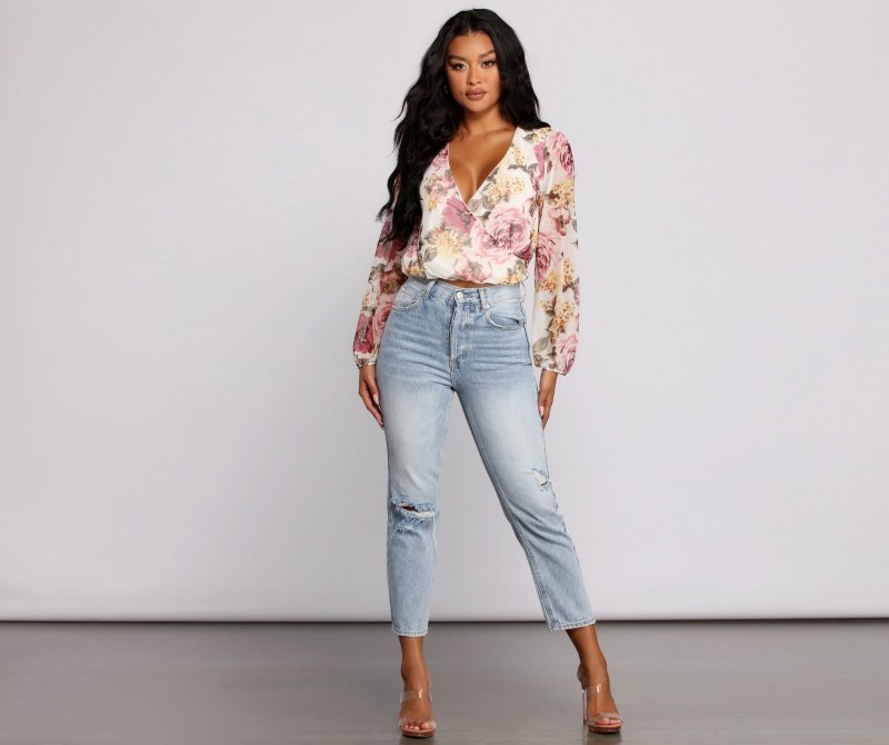 TableClothsUs Floral Rush Surplice Mesh Top