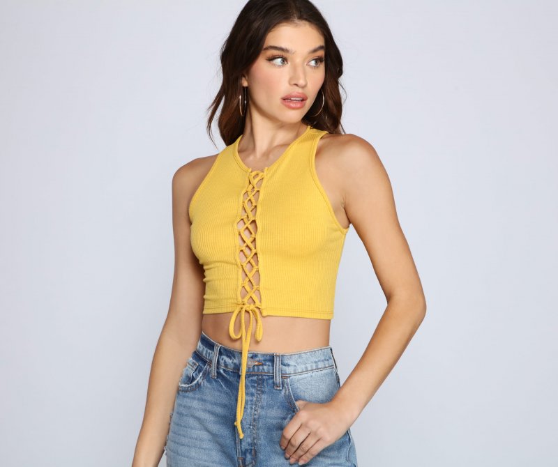 TableClothsUs Totally Chic Lace Up Ribbed Knit Top