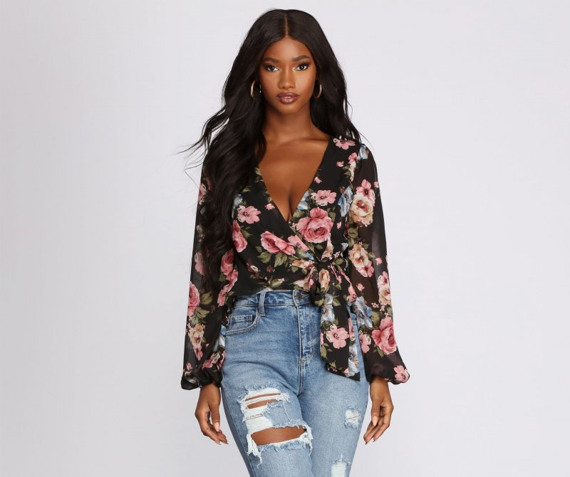 TableClothsUs Floral Chiffon Wrap Front Blouse