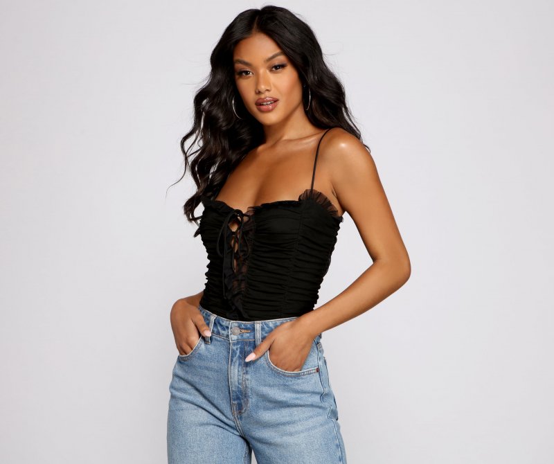 TableClothsUs Ruched Ruffle Lace-Up Bodysuit