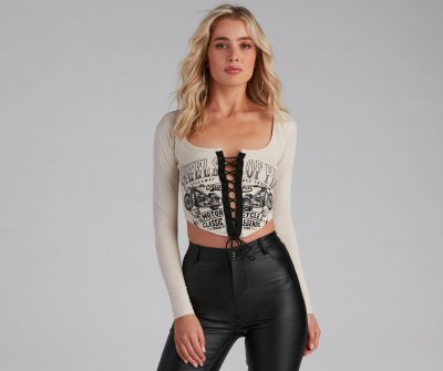 TableClothsUs Wheels Of Fire Lace-Up Graphic Top