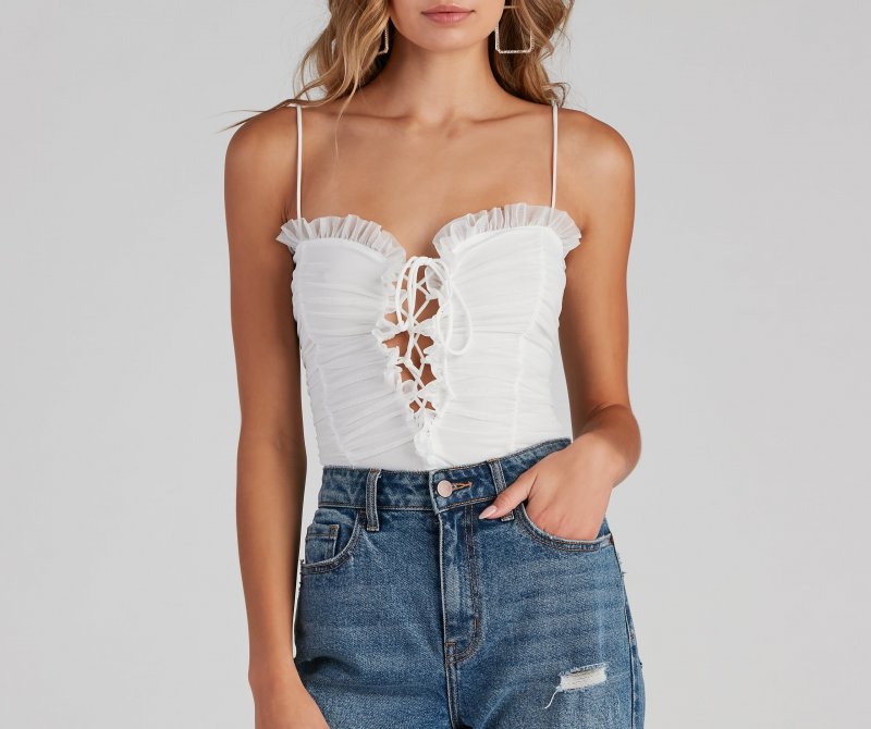 TableClothsUs Ruched Ruffle Lace-Up Bodysuit