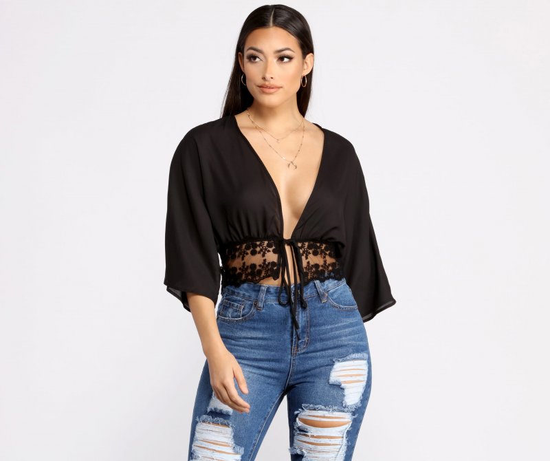 TableClothsUs Effortless Vibes Lace Detail Tie Front Top