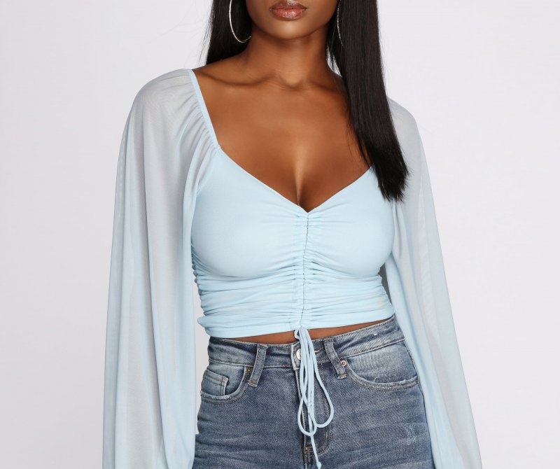 TableClothsUs Float On Balloon Sleeve Mesh Crop Top