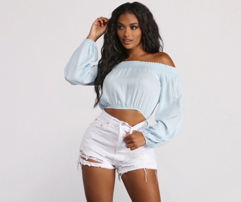 TableClothsUs Off The Shoulder Long Sleeve Gauze Crop Top