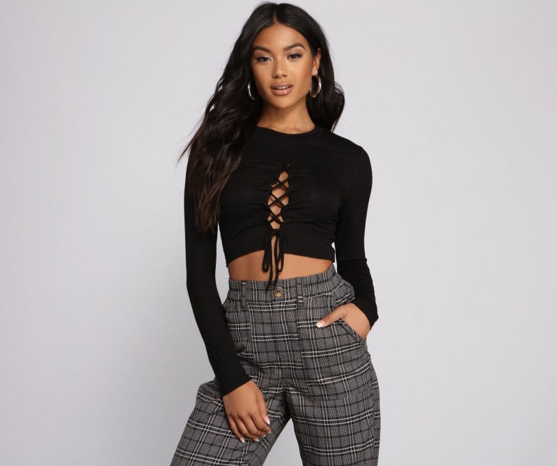 TableClothsUs Lace-Up Jersey Knit Crop Top