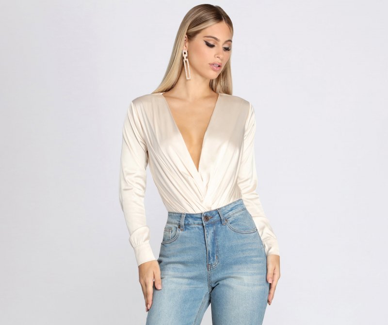 TableClothsUs Sleek Satin Surplice Bodysuit