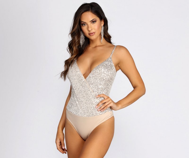 TableClothsUs Sequin Beauty Surplice Bodysuit