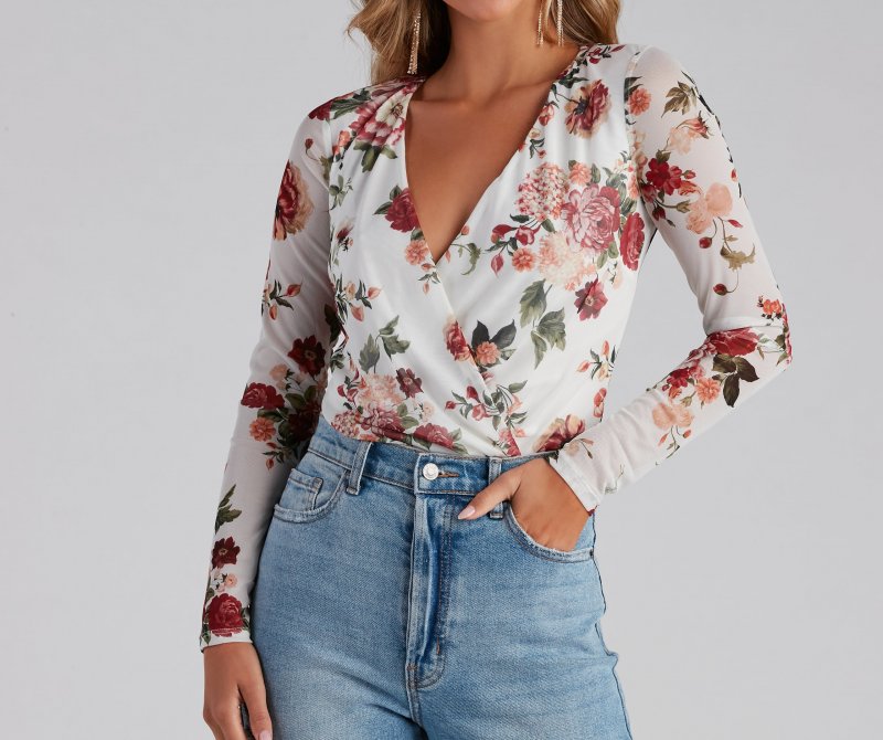 TableClothsUs Natural Bloom Mesh Floral Surplice Bodysuit