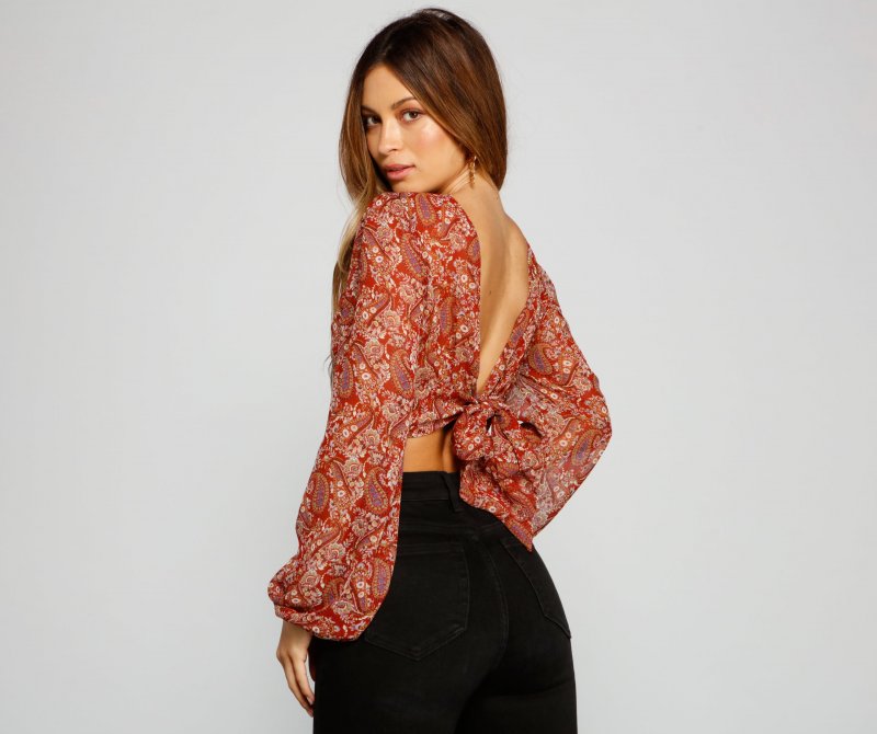 TableClothsUs Retro Babe Chiffon Paisley Print Tie-Front Blouse