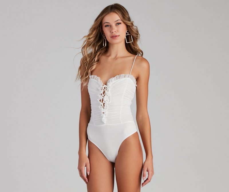 TableClothsUs Ruched Ruffle Lace-Up Bodysuit