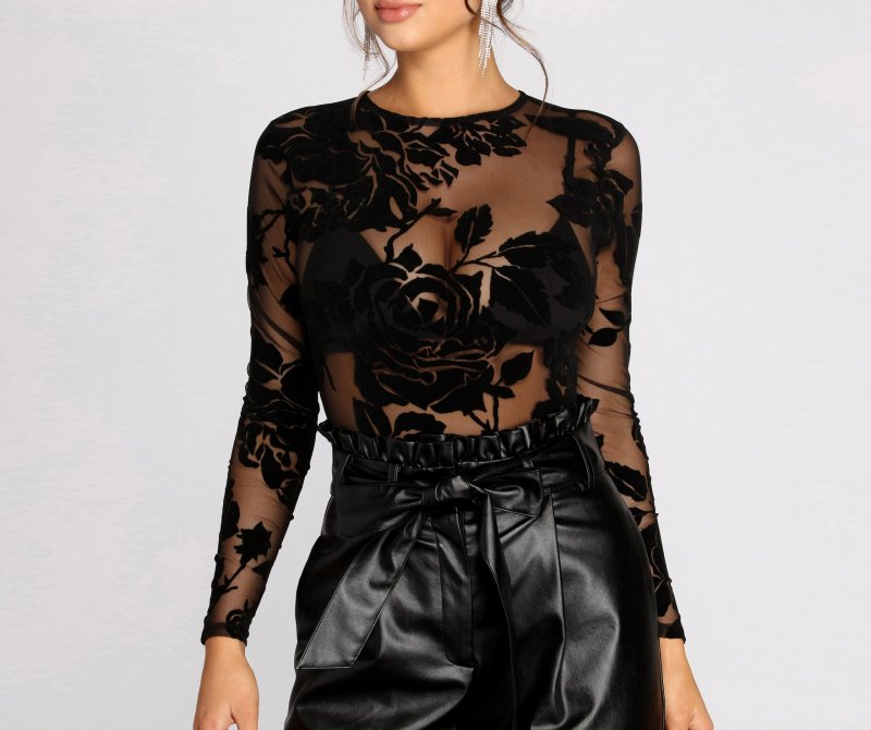 TableClothsUs Flocked Mesh Floral Bodysuit