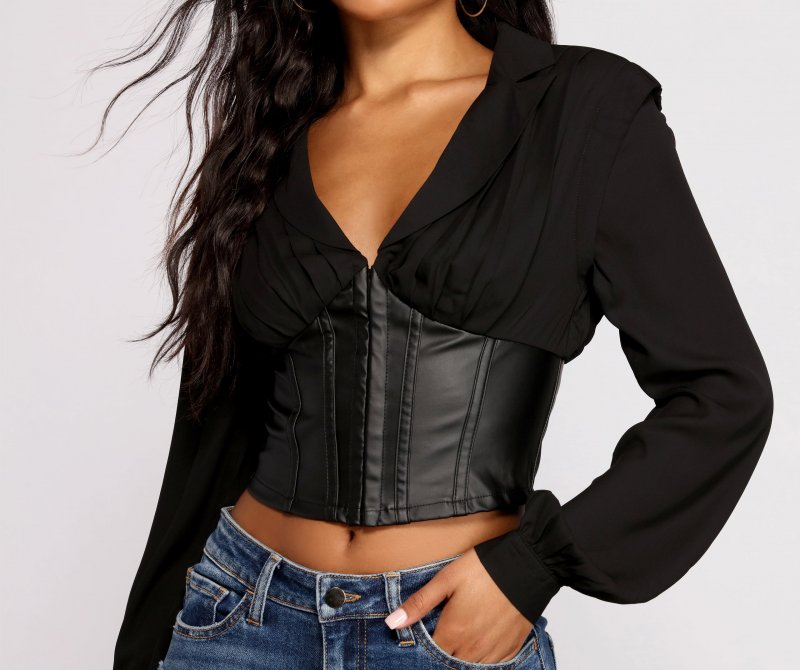 TableClothsUs Stunning Satin And Faux Leather Corset Crop Top