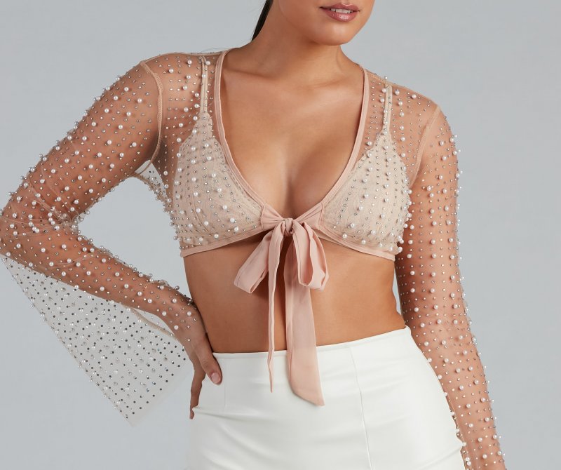 TableClothsUs Glowing Glam Pearl Tie Front Top