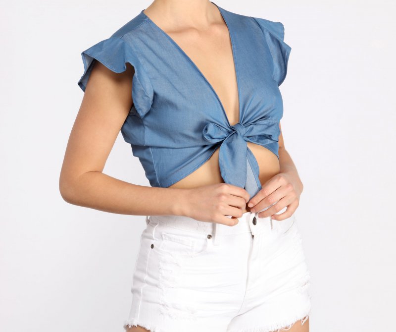 TableClothsUs Why Knot Flutter Sleeve Chambray Tie Front Top